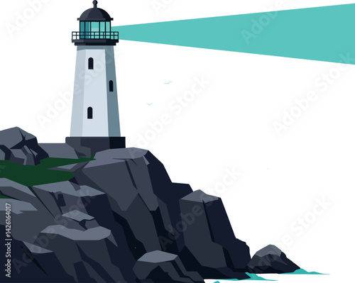 Lighthouse on rocky cliff with bright cyan beacon light vector illustration in landscape format 