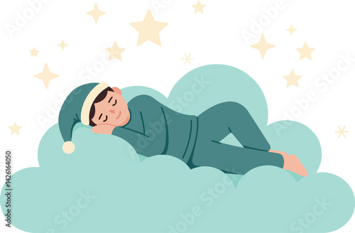 Sleeping child resting peacefully on cloud with stars around calm dreamy night scene 