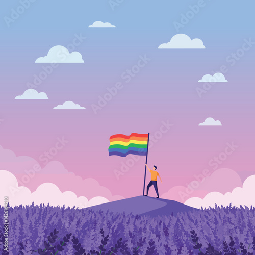 Person Holding Rainbow Pride Flag on Hill with Purple Trees and Pink Sky Vector Illustration 