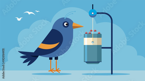 A curious atoo pecks at a small sensor attached to an automated bird feeder triggering a tasty treat to be dispensed.. Vector illustration