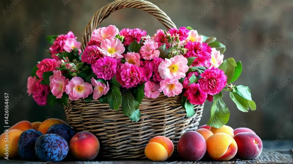 A vibrant basket filled with colorful flowers and fresh fruits. A vibrant basket filled with colorful flowers and fresh fruits.