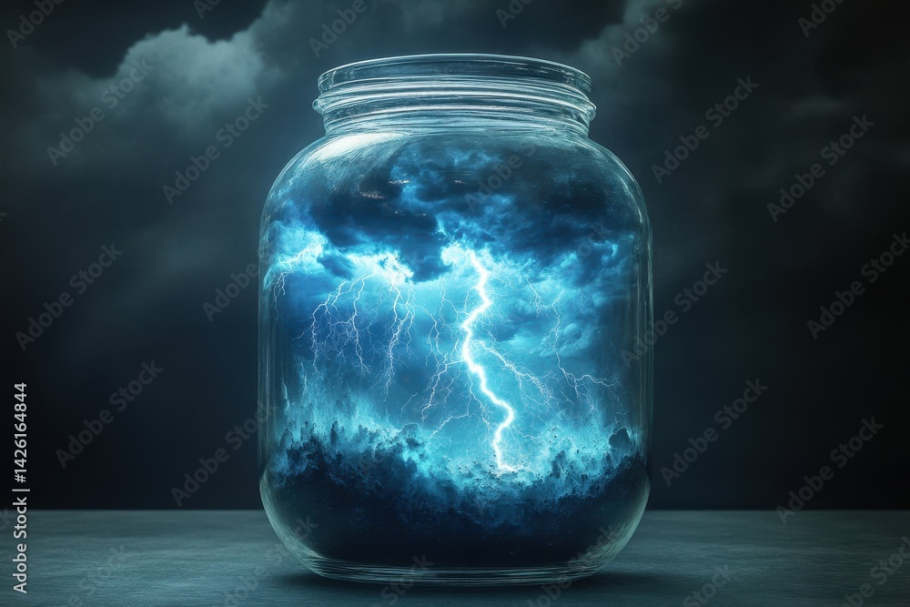 Capturing thunderstorm beauty in a glass jar with dark clouds and lightning Capturing thunderstorm beauty in a glass jar with dark clouds and lightning