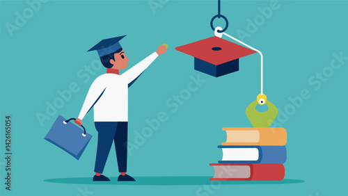 A student reaching for a diploma hanging from a hook with a price tag attached reminding them of the longterm cost of education with high interest. Vector illustration