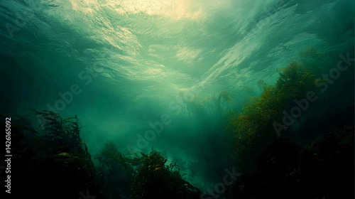 Wallpaper Mural Underwater scene showing green kelp forest with sunlight filtering from above, creating a mysterious and serene atmosphere, showcasing ocean life and aquatic beauty Torontodigital.ca