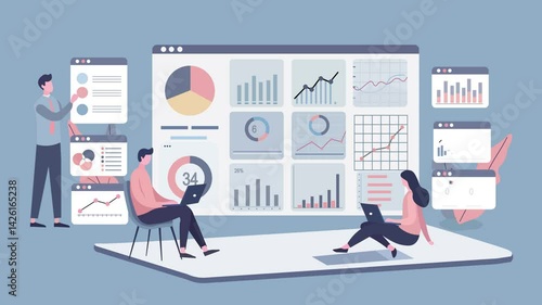Business Analytics and Data Visualization in a Digital Modern Workspace. Large web page interface displays various graphs and charts. with Business people analyzing Insights and Performance. Flat Desi