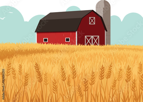 Red barn with silo and golden wheat field rural farm landscape vector illustration 