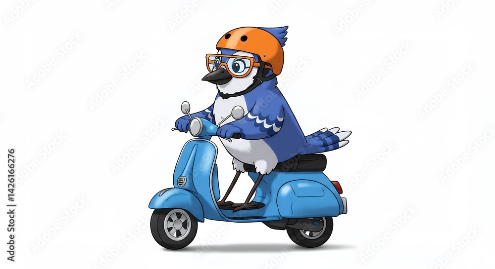 Blue jay riding scooter cartoon illustration Blue jay riding scooter cartoon illustration