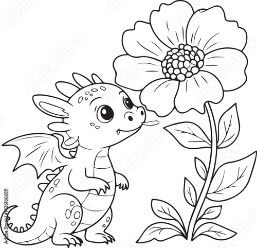 Dragon sniffing a giant flower gently