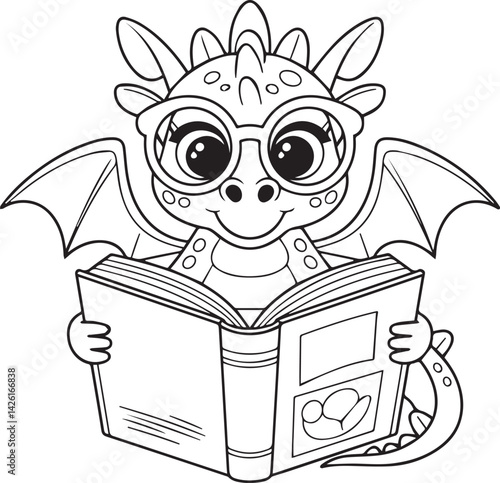 Dragon reading book with big glasses
