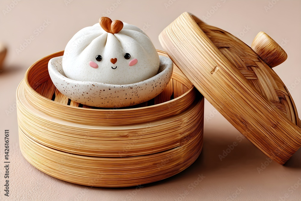 An adorable dumpling character with rosy cheeks and a happy expression, perfect for kawaii-themed food art or playful design concepts.