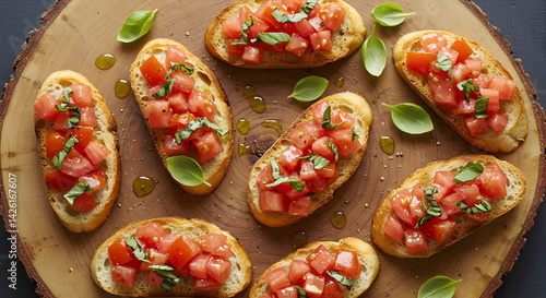 Authentic Bruschetta With Freshly Diced Tomatoes And Basil Leaves On Wood