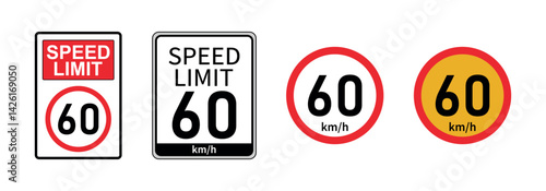 Speed Limit 60 km/h Sign Collection – Traffic Regulation Warning Symbols in Various Styles, Road Safety Vector Illustration Set