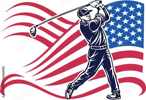 A golfer swings a club, with an American flag waving in the background, symbolising patriotism in sports
