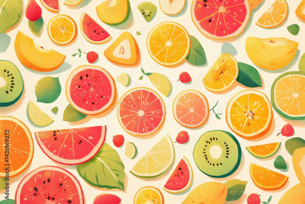 Fresh fruit arrangement: assorted slices and whole fruits with vibrant leaves, creating a colorful and appetizing display. Fresh fruit arrangement: assorted slices and whole fruits with vibrant leaves, creating a colorful and appetizing display.