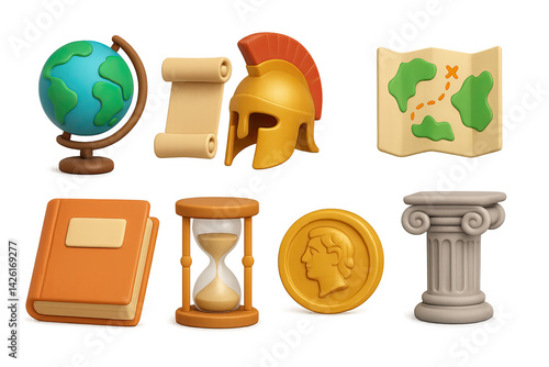 History exploration icon set – 3d style for educational and cultural discovery: globe, scroll, roman helmet, map, book, hourglass, coin, column