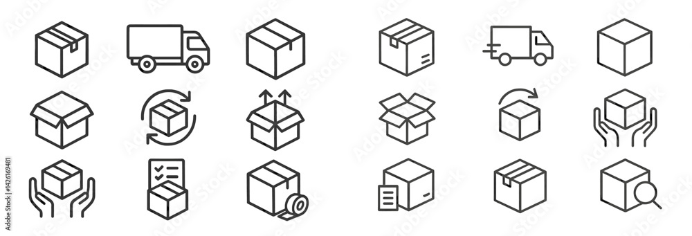 Collection of line style web icons depicting various packaging and shipping elements for digital use