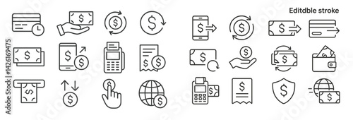 Collection of line style web icons depicting financial transactions and payment processes for digital use