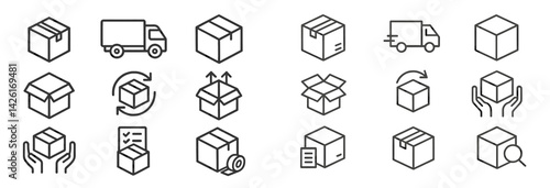 Collection of line style web icons depicting various packaging and shipping elements for digital use