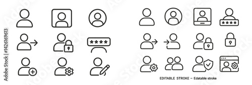 Set of web icons in line style depicting user interaction, security, ratings, and personal account management features