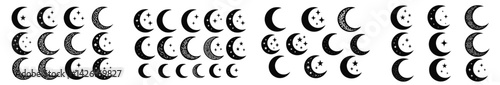 Collection of decorative web icons featuring crescent moons and stars in line art style for creative digital projects