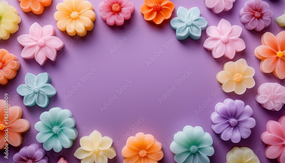 assorted pastel flower shaped gummy candies arranged on a purple background creating a playful and sweet composition with empty space in the center assorted pastel flower shaped gummy candies arranged on a purple background creating a playful and sweet composition with empty space in the center