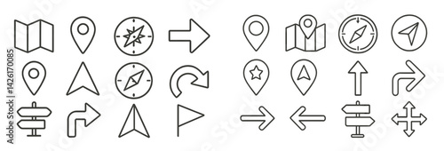 Set of web icons featuring navigation symbols designed in line style for digital applications and user interfaces