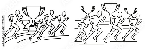 Set of web icons depicting runners competing for trophies in a linear style showcasing sports and achievement