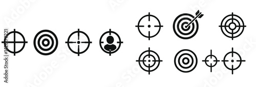 Set of web icons featuring line style target symbols focused on accuracy and user engagement in digital platforms