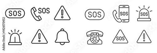 Collection of emergency alert web icons designed in line style for notification and SOS communication