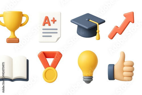 Education achievement icons set – 3d style symbols for success, learning, and performance: trophy, grade a paper, graduation cap, medal, lightbulb, thumbs up, arrow, book