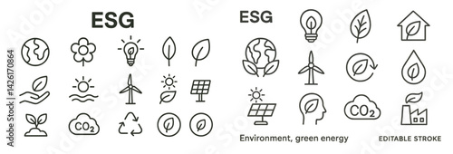 Line style web icons representing environmental, social, and governance concepts suitable for digital platforms and marketing materials