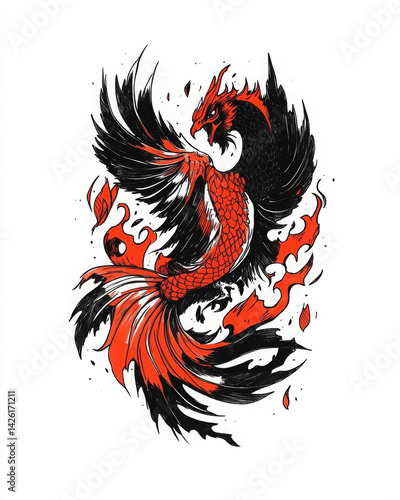 Wallpaper Mural striking illustration of phoenix rising from flames, showcasing vibrant red and black colors Torontodigital.ca