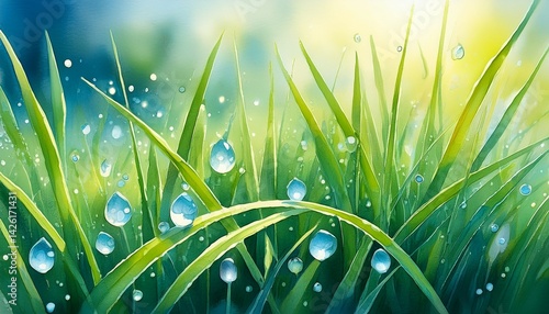 watercolor painting of crystalline dew drops on fresh green grass blades glistening in the early morning sunlight