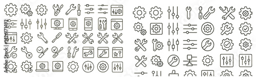 Collection of line style web icons depicting tools and settings for digital interface design and development