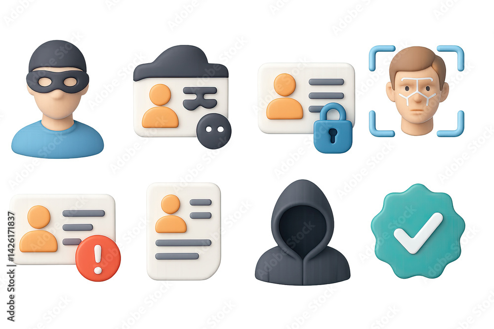 Security and identification icon set – 3d style personal safety and verification symbols for anonymity, facial recognition, and identity protection
