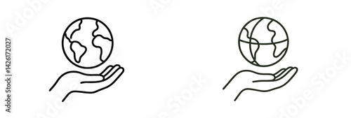 Set of line style web icons depicting globe held by hands for environmental themes and digital design applications