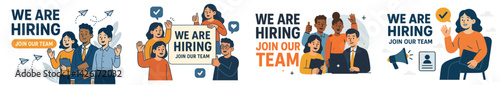 Web icons showcasing hiring announcements in line style illustrating team collaboration and job recruitment efforts