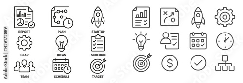 Set of web icons in line style depicting various business activities, planning tools, and startup essentials for modern digital projects