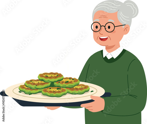 Elderly woman holding tray of homemade green vegetable patties smiling cheerful vector illustration 