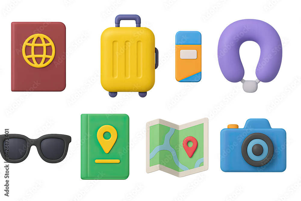 Travel and tourism 3d icon set – flat style vacation symbols for trip planning and adventure: passport, suitcase, camera, map, airplane, neck pillow, sunglasses