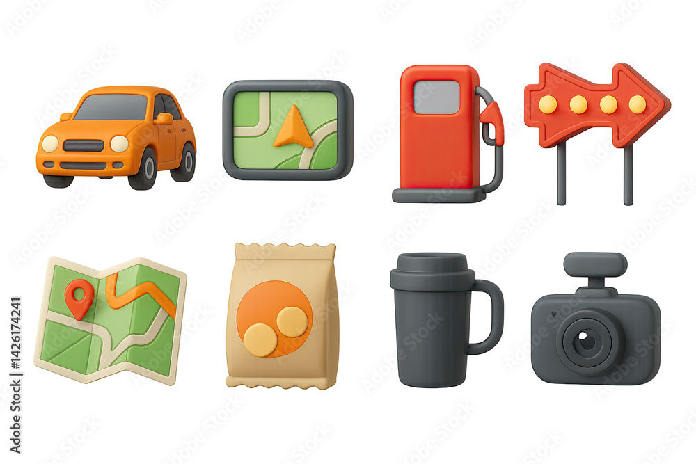 Navigation and travel icon set – 3d style journey and map symbols for direction and guide: car, gps, map, fuel pump, arrow sign, coffee cup, dashboard camera