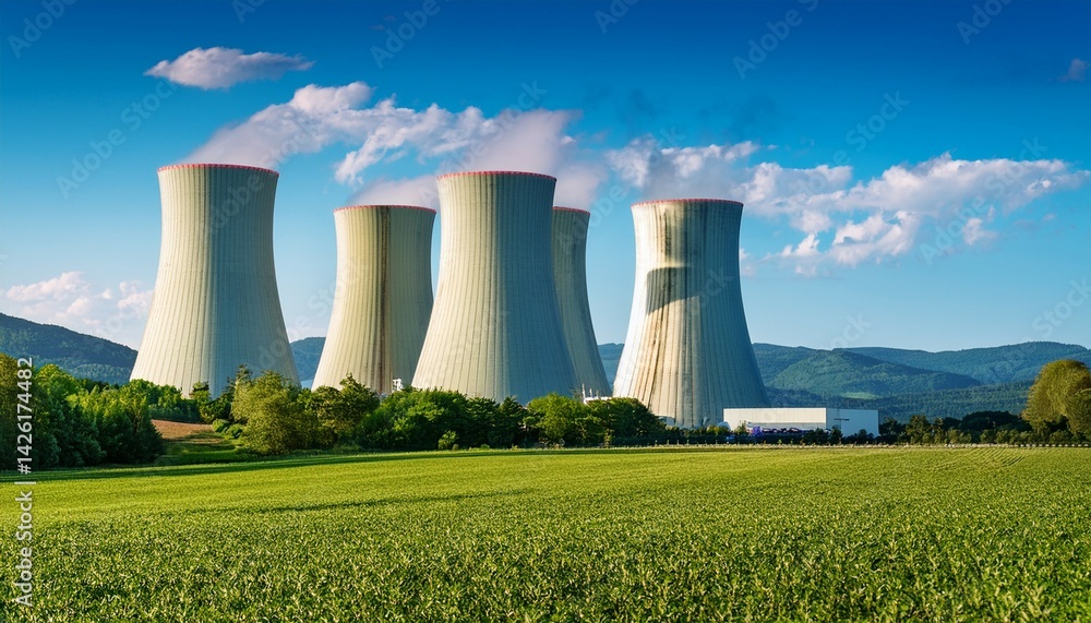 nuclear power plant exterior with massive cooling towers surrounded by green landscapes nuclear power plant exterior with massive cooling towers surrounded by green landscapes