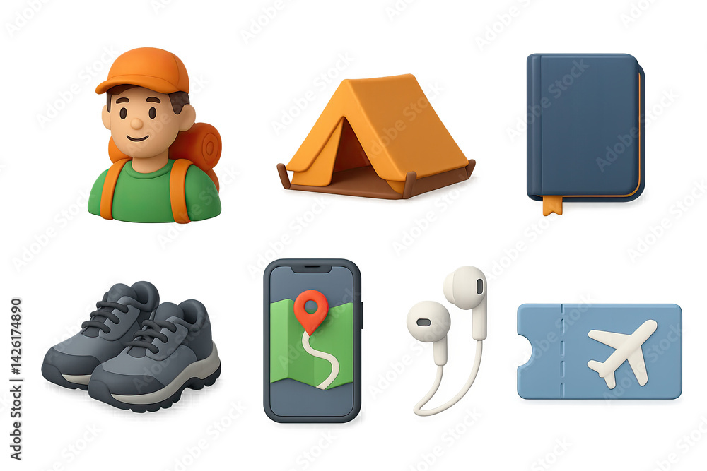 Outdoor adventure icon set – 3d hiking and exploration symbols for nature, camping, and travel: backpacker, tent, hiking boots, map, earphones, airplane ticket