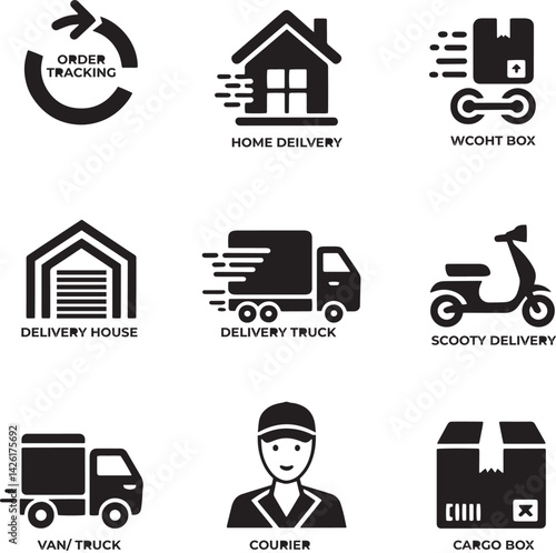 Delivery service icon set. Containing order tracking, delivery home, courier and cargo icons. Shipping symbol and icon black illustration