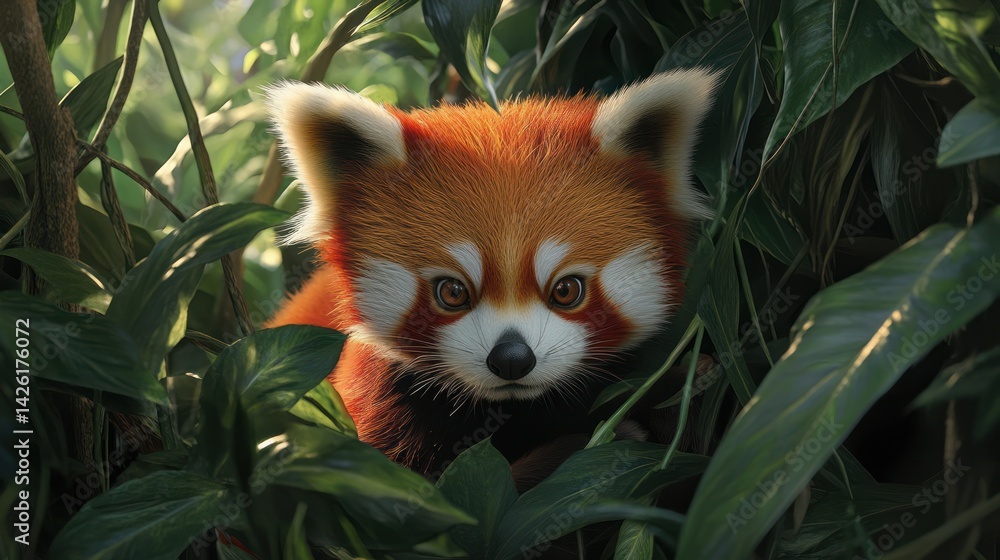 Obraz premium Red panda cub hiding in lush foliage, sunlight dappled background, wildlife conservation