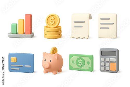 Finance and banking icon set – 3d style money management and financial service symbols for budgeting, accounting, and transactions: bar chart, coins