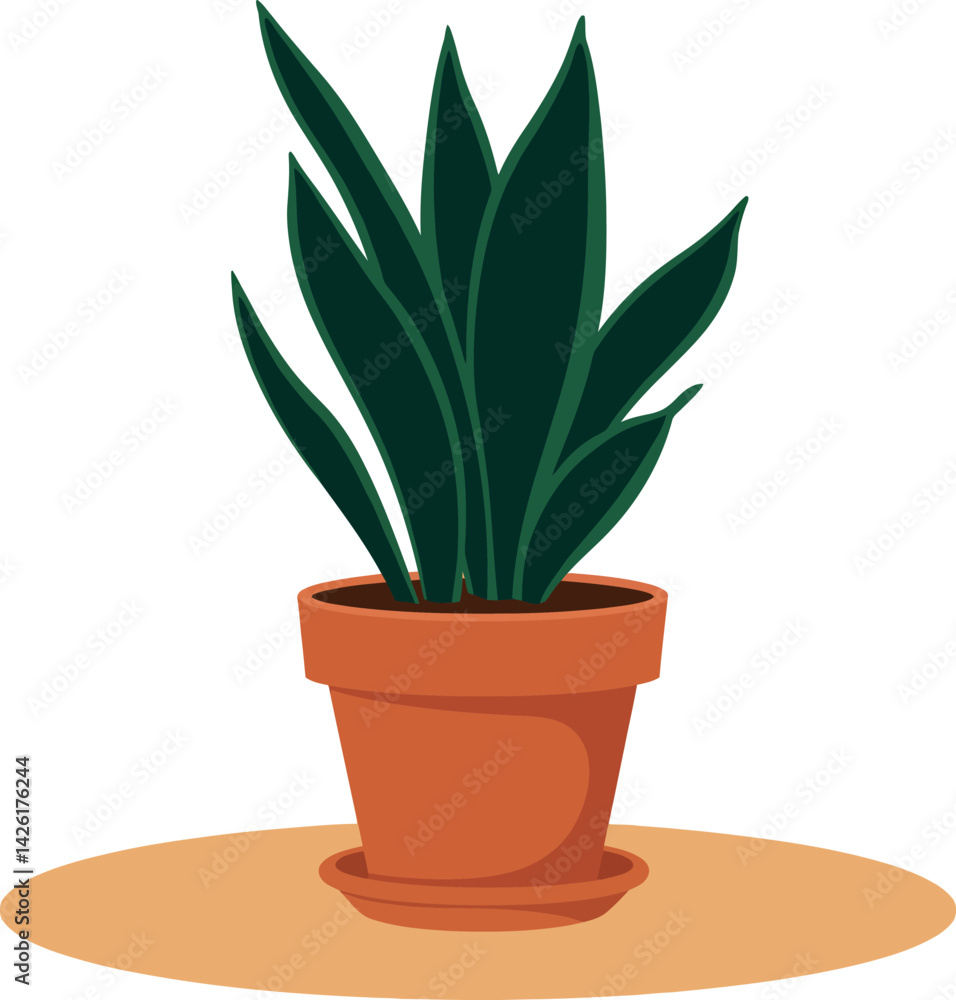 Obraz premium Snake plant in terracotta pot with dark green leaves vector illustration 