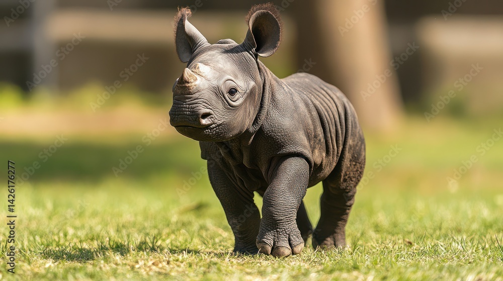 Fototapeta premium Baby rhino walking, sunny zoo enclosure