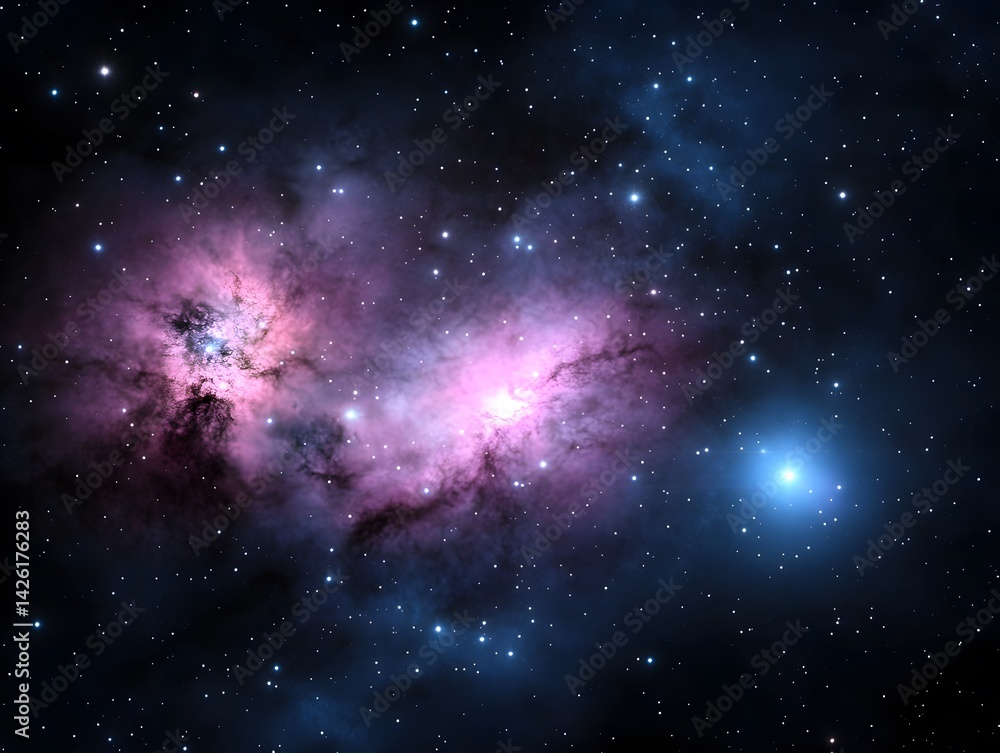 Fototapeta premium A Stunning Cosmic Nebula Pink and Purple Clouds in Deep Space with Bright Stars