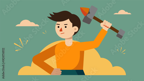A person holding a hammer and chisel with a determined expression on their face symbolizing their relentless pursuit of selfgrowth.. Vector illustration